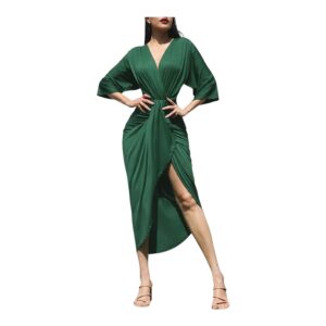 Vestido Midi Verde Cruzado Con Manga Amplia Y Abertura Elegante