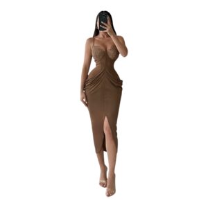Vestido Midi Café Ajustado Con Encaje Y Detalle Corset Sensual