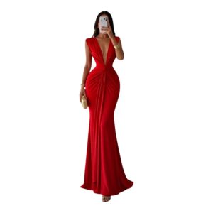 Vestido Rojo Escote Profundo Con Drapado Elegante Sirena