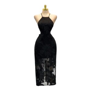 Vestido Negro Halter Con Transparencias Y Aplicaciones Florales Elegantes