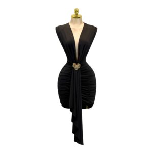 Vestido Negro Escote Profundo Con Drapado Y Detalle Dorado