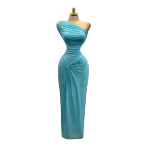 Vestido Turquesa Asimétrico Con Drapado Y Estilo Sofisticado