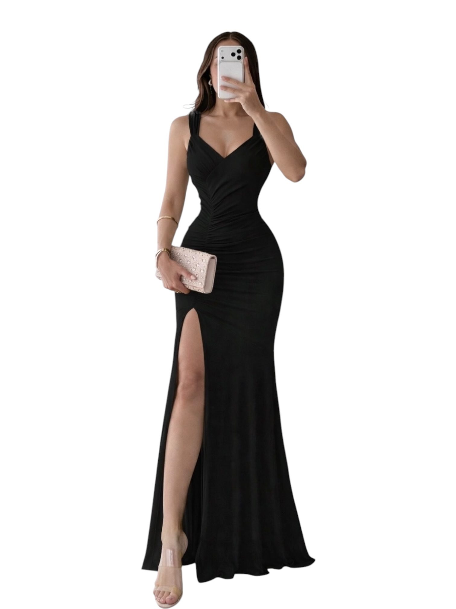 Vestido Negro Ajustado Con Tirantes Y Abertura Lateral Clásico - Image 2