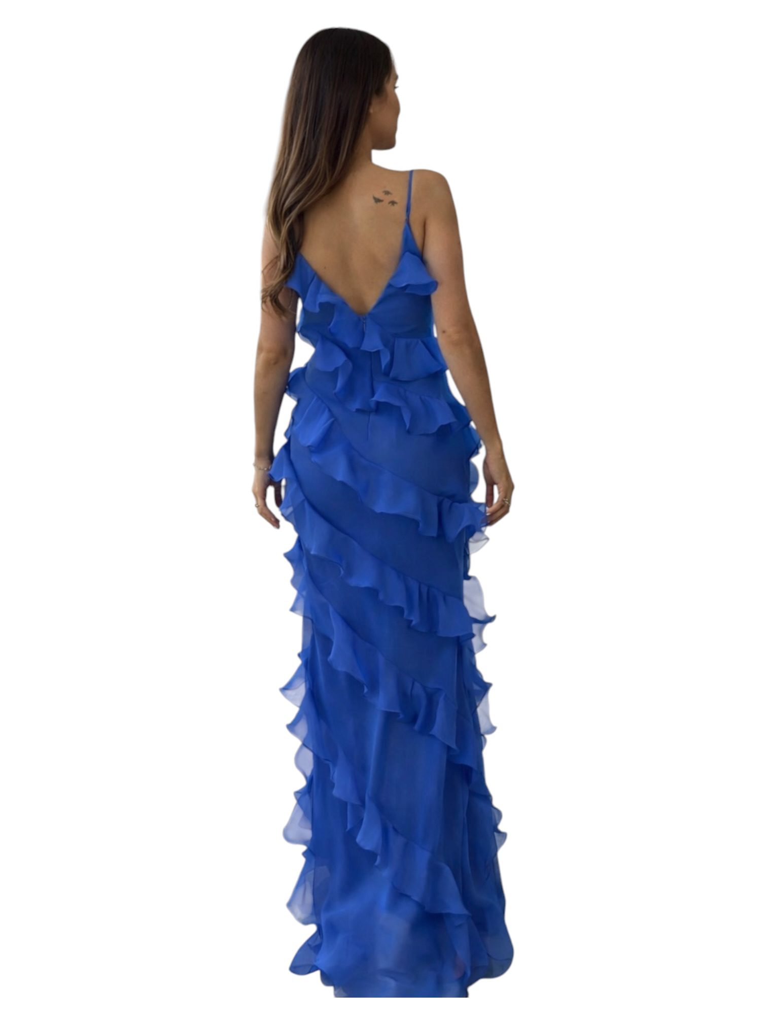 Vestido Azul Con Olanes En Capas Y Tirantes Delgados Elegante - Image 3