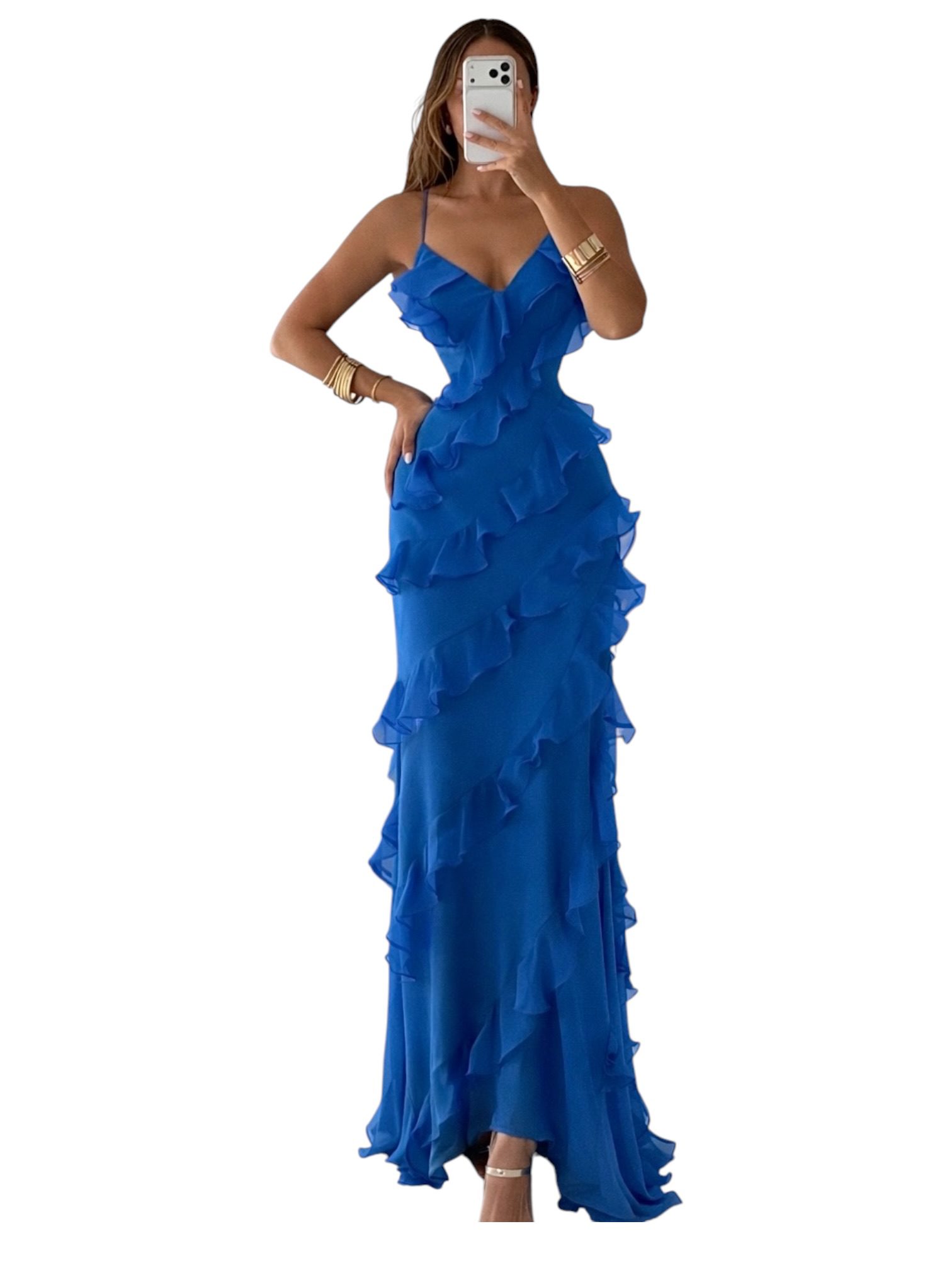 Vestido Azul Con Olanes En Capas Y Tirantes Delgados Elegante - Image 2