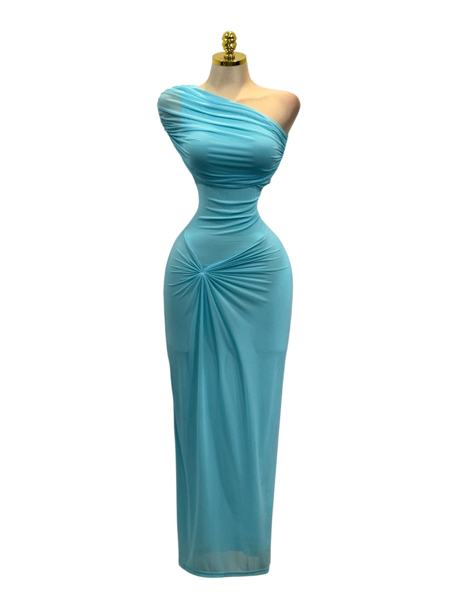 Vestido Turquesa Asimétrico Con Drapado Y Estilo Sofisticado - Image 2