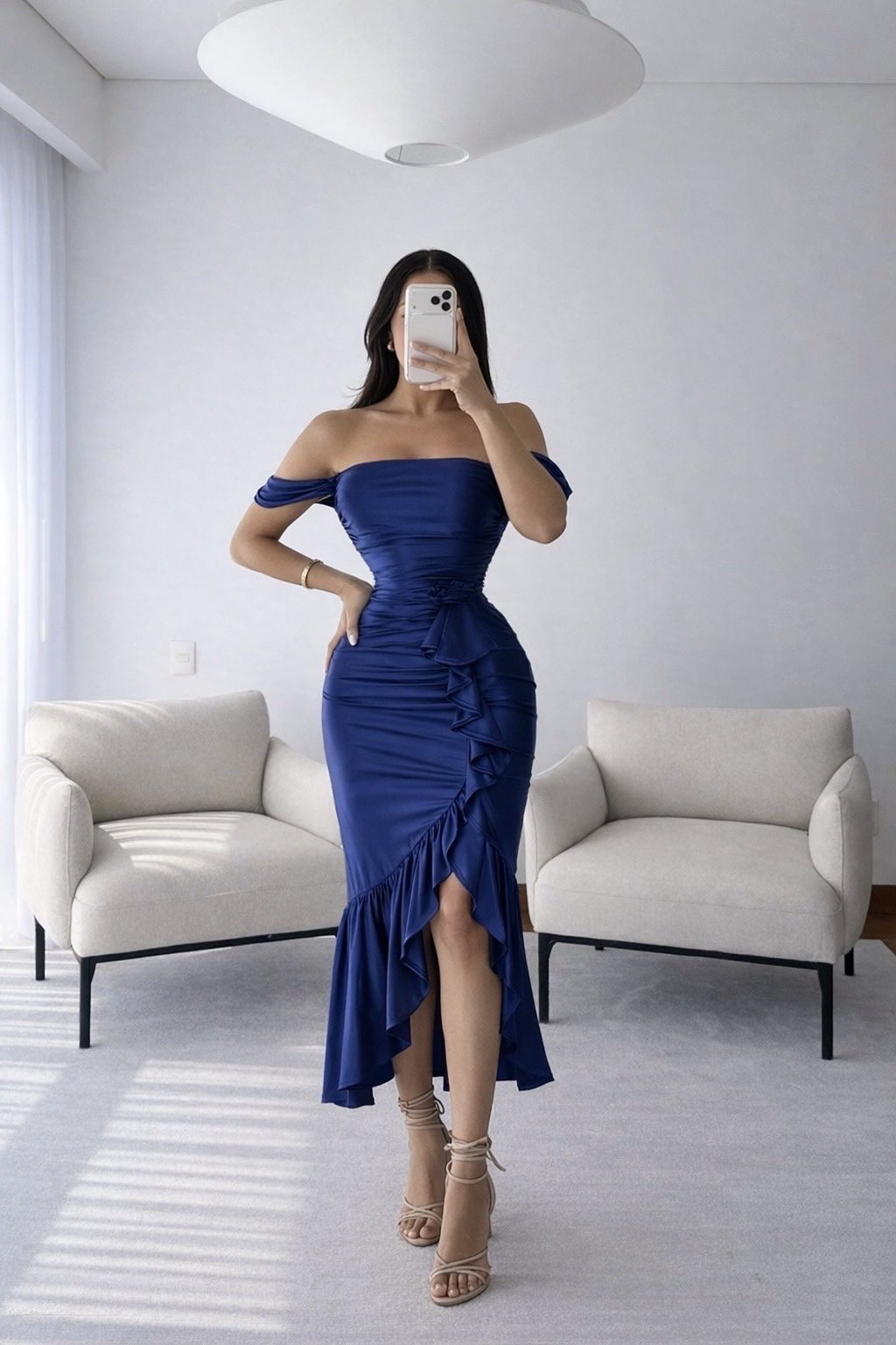Vestido Midi Azul Marino Con Volantes - Image 3