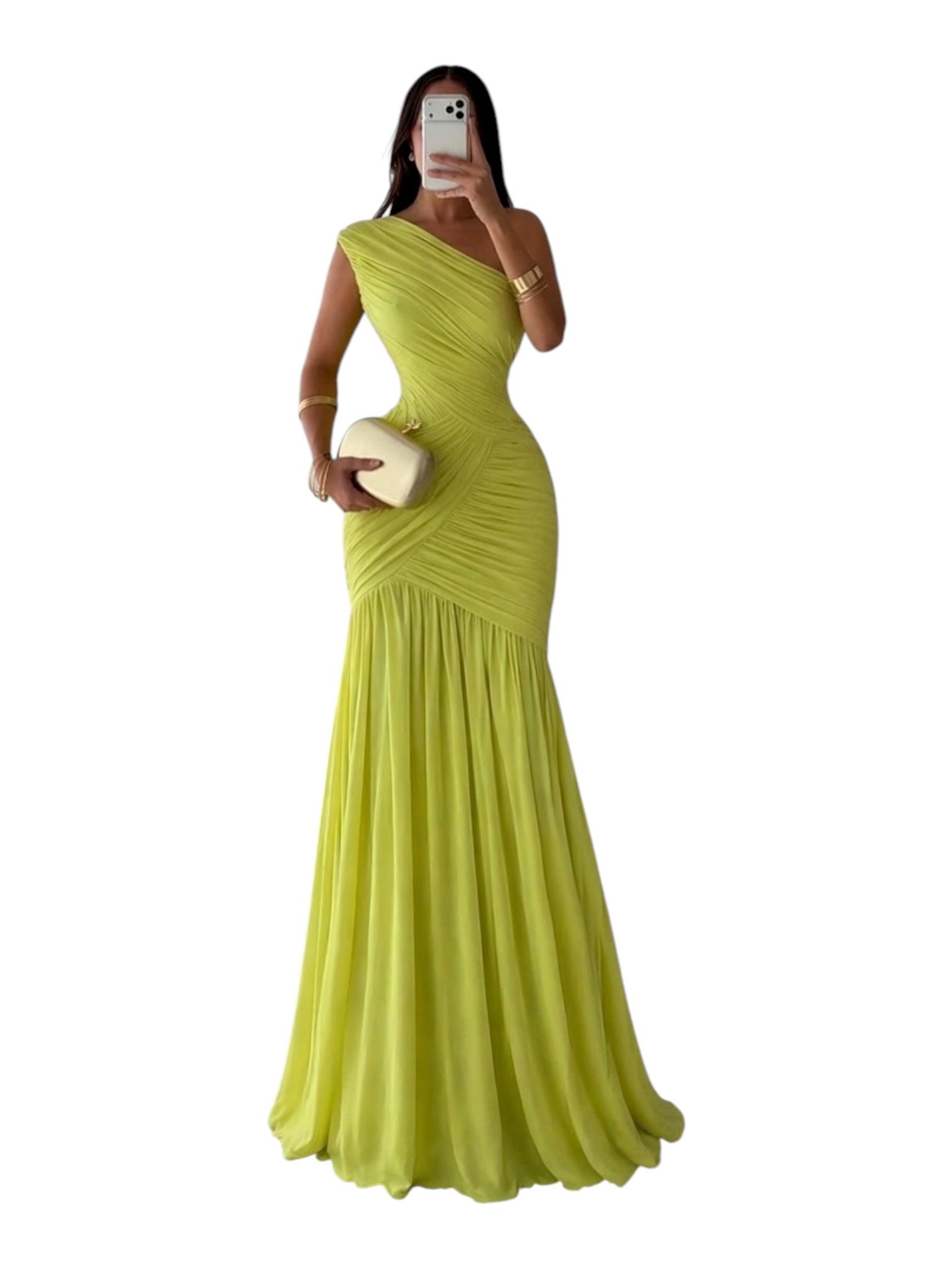 Vestido Verde Lima De Un Hombro Con Drapeado Elegante - Image 2