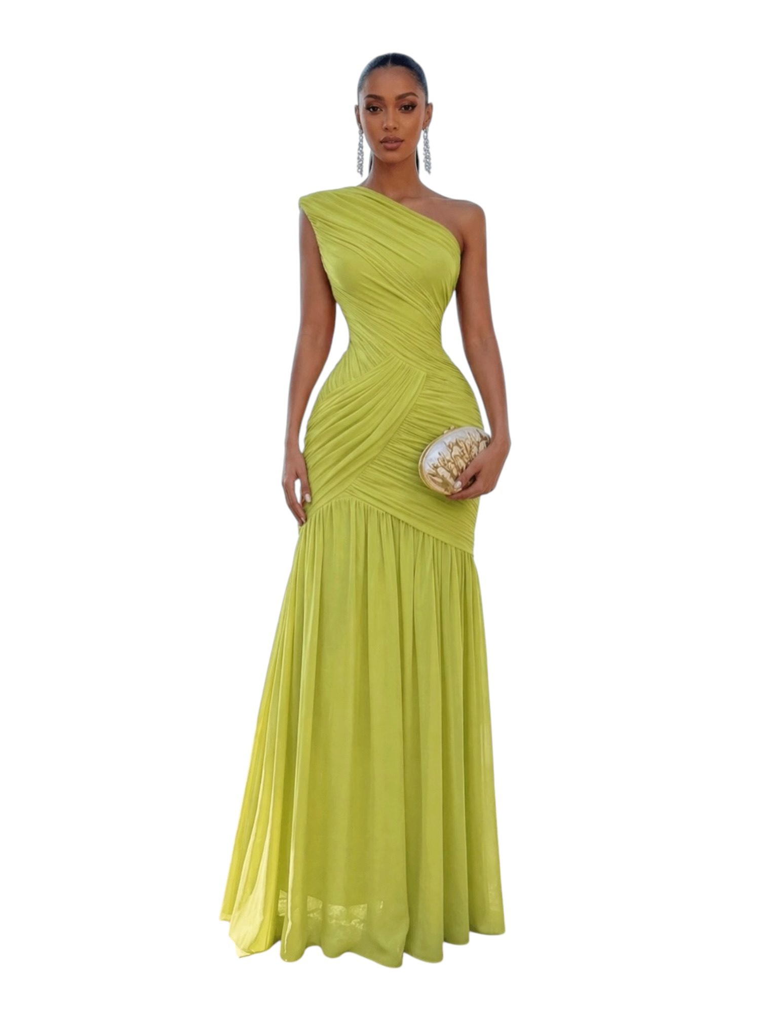Vestido Verde Lima De Un Hombro Con Drapeado Elegante - Image 3