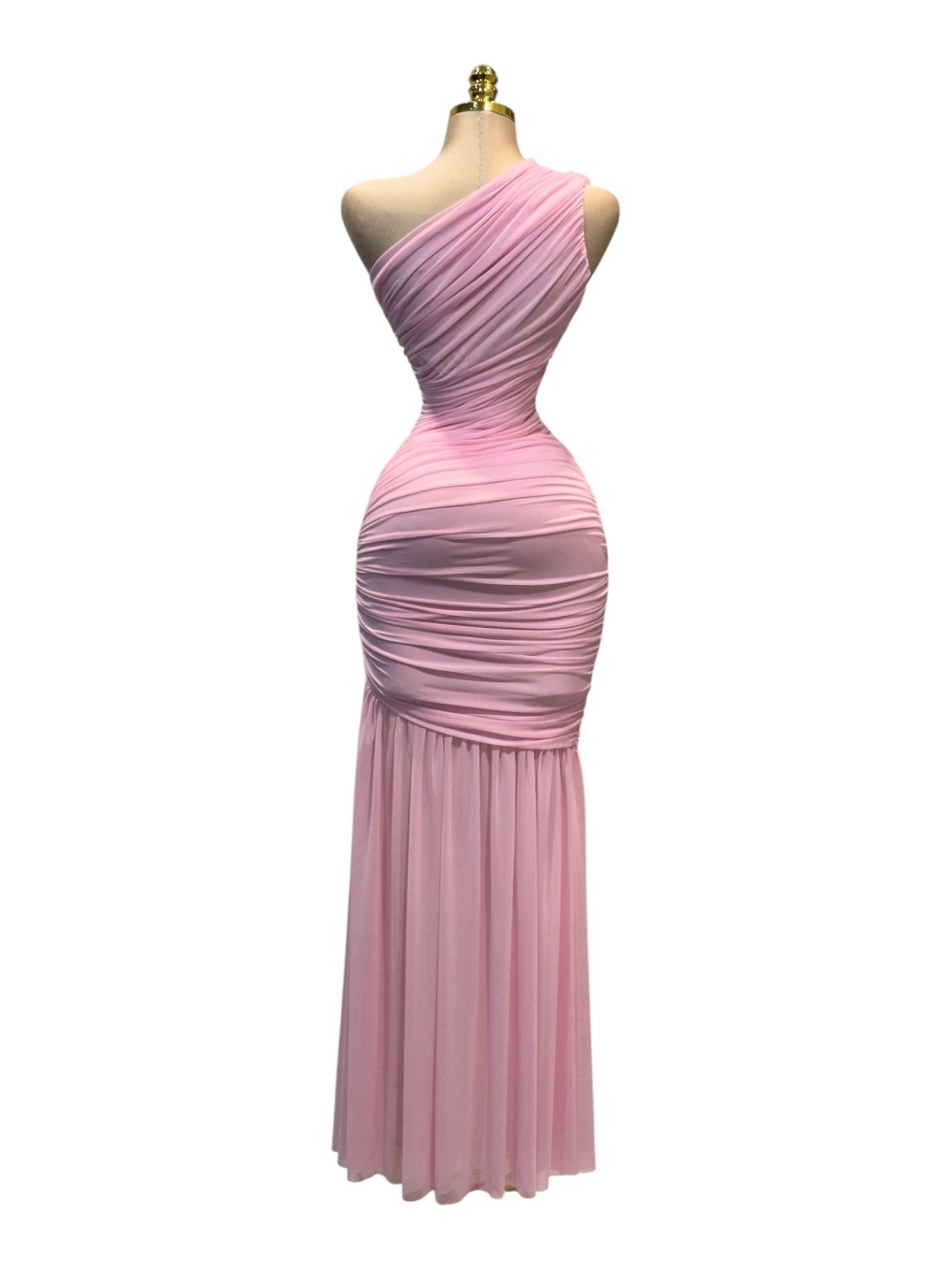 Vestido Rosa De Un Hombro Con Drapeado Y Caída Fluida - Image 3