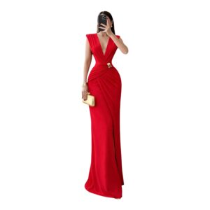 Vestido Rojo Elegante Con Escote Profundo Y Detalle Dorado