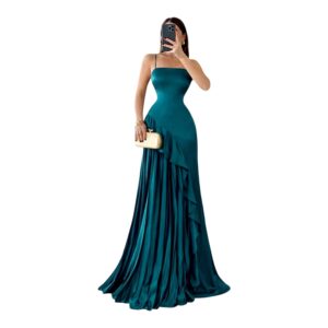 Vestido Verde Satinado Con Tirantes Y Volantes