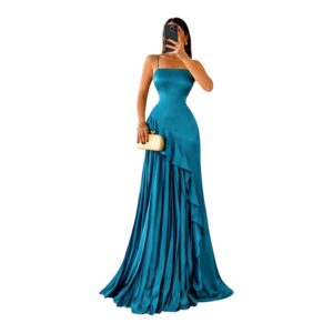 Vestido Azul Turquesa Satinado Con Tirantes Y Volantes