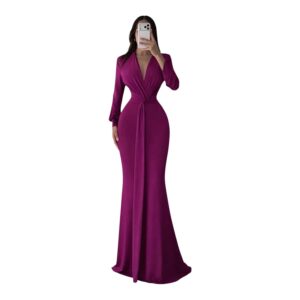 Vestido Morado Con Manga Larga Y Nudo Frontal