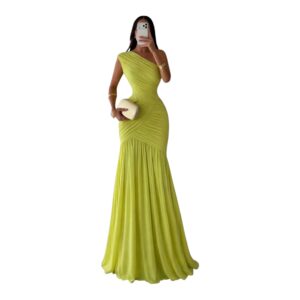 Vestido Verde Lima De Un Hombro Con Drapeado Elegante