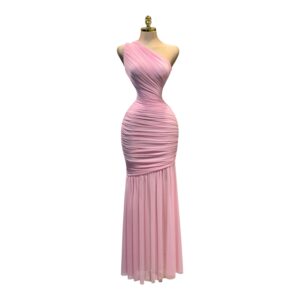 Vestido Rosa De Un Hombro Con Drapeado Y Caída Fluida