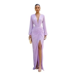 Vestido Lila Con Manga Larga Y Abertura Frontal Elegante