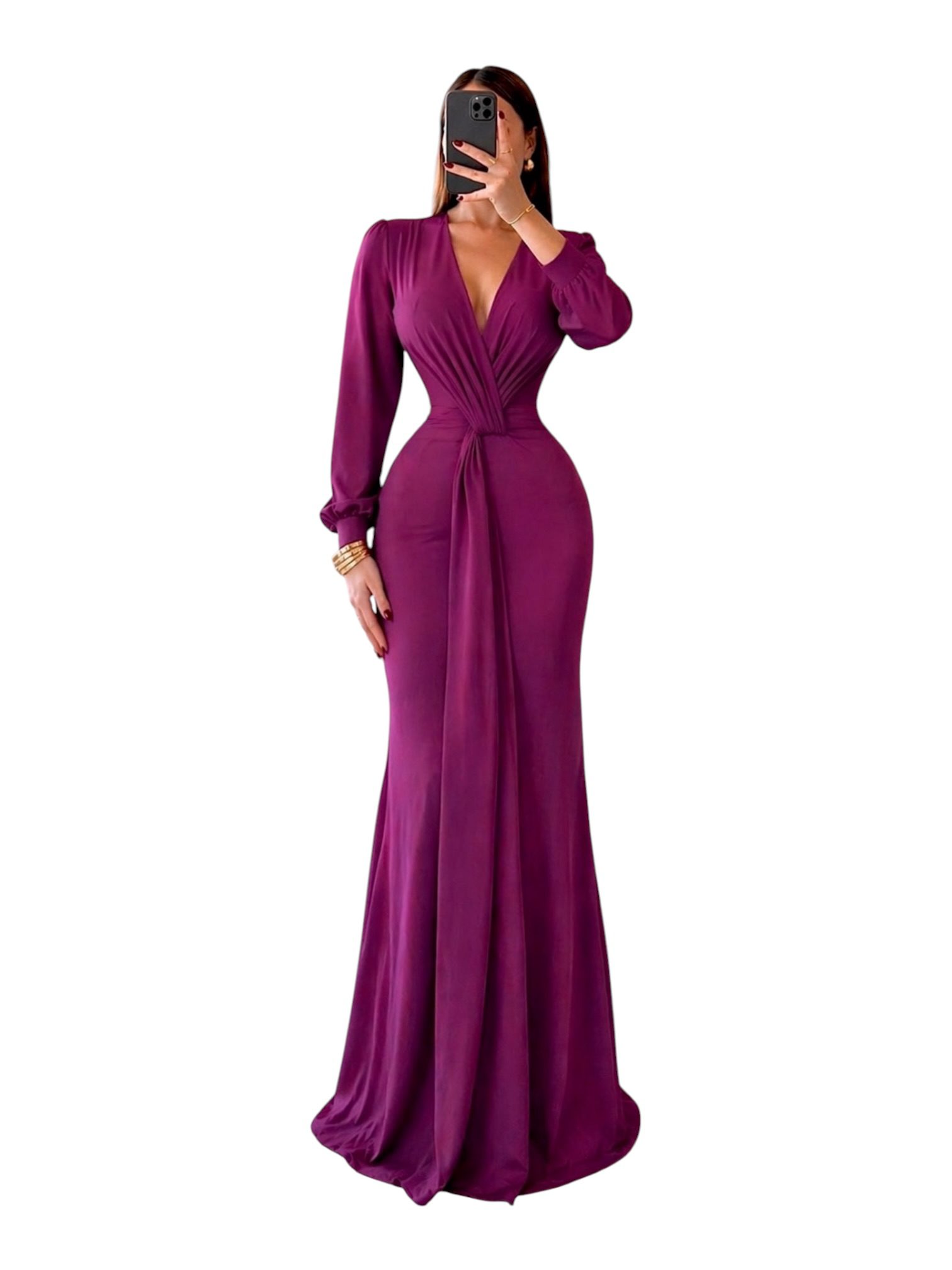 Vestido Morado Con Escote Profundo Y Manga Larga - Image 2