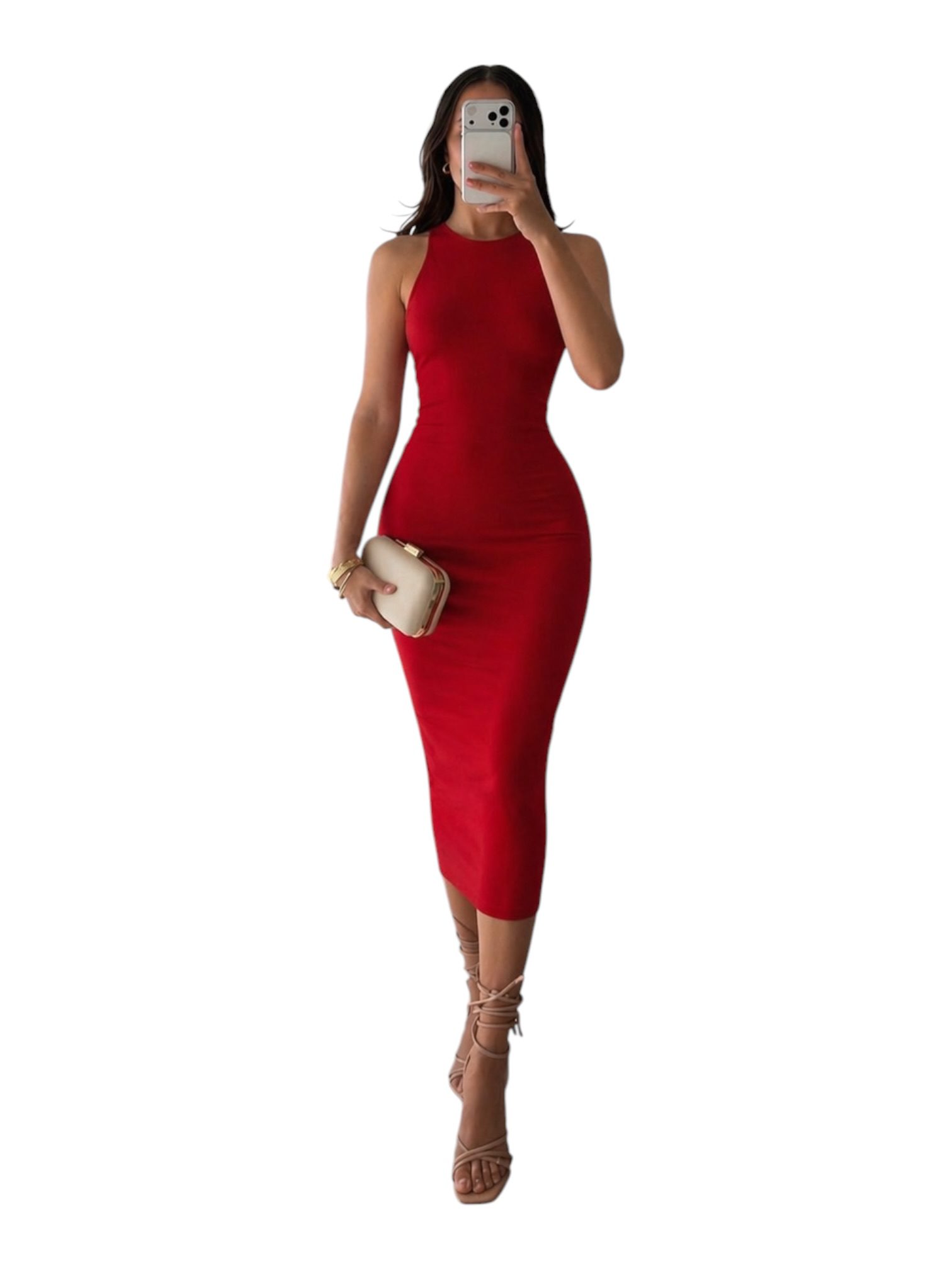 Vestido Rojo Ajustado Con Corte Halter Minimalista - Image 2