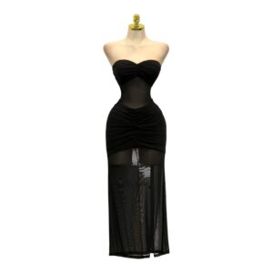 Vestido Negro Con Transparencias Y Drapeado Ajustado