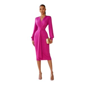 Vestido Fucsia Con Manga Larga Y Drapeado En Cintura