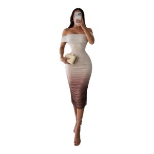 Vestido Midi Degradado Beige Con Hombros Descubiertos Y Drapeado