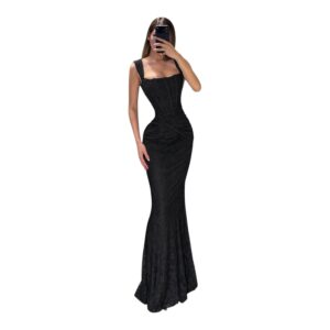 Vestido Negro De Encaje Con Corset Y Drapeado Elegante