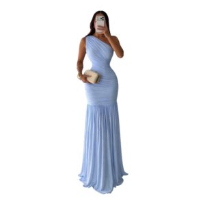 Vestido Azul Cielo De Un Hombro Con Caída Plisada