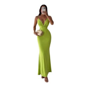 Vestido Largo Verde Lima Con Escote Profundo Y Corte Sirena