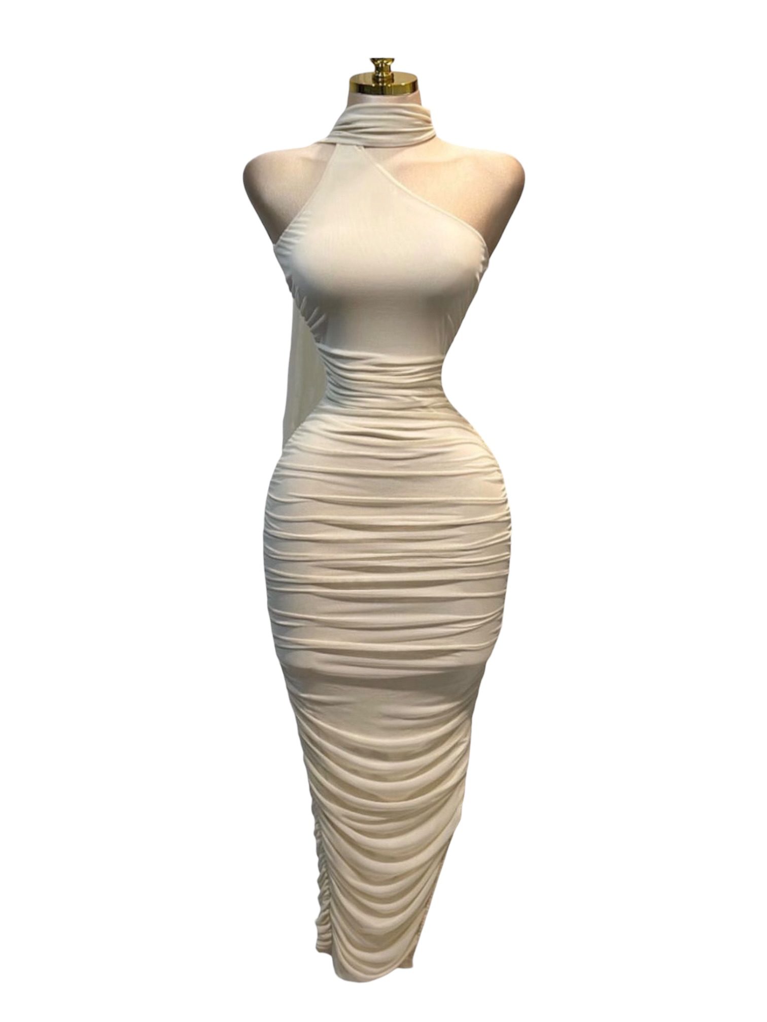 Vestido Midi Beige Con Cuello Halter Y Drapeado Ajustado - Image 2