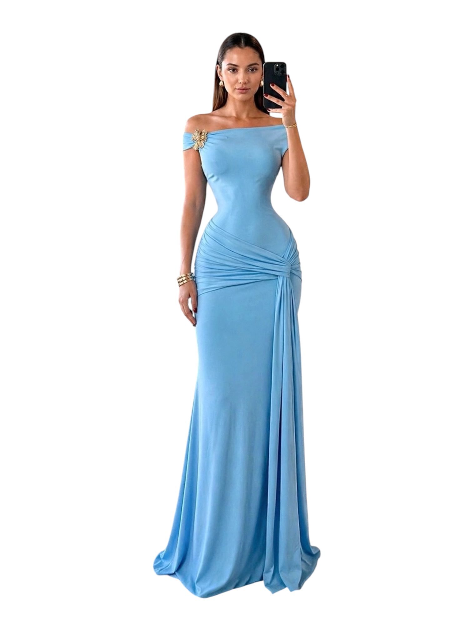 Vestido Azul Con Escote Asimétrico Y Drapeado Lateral - Image 3