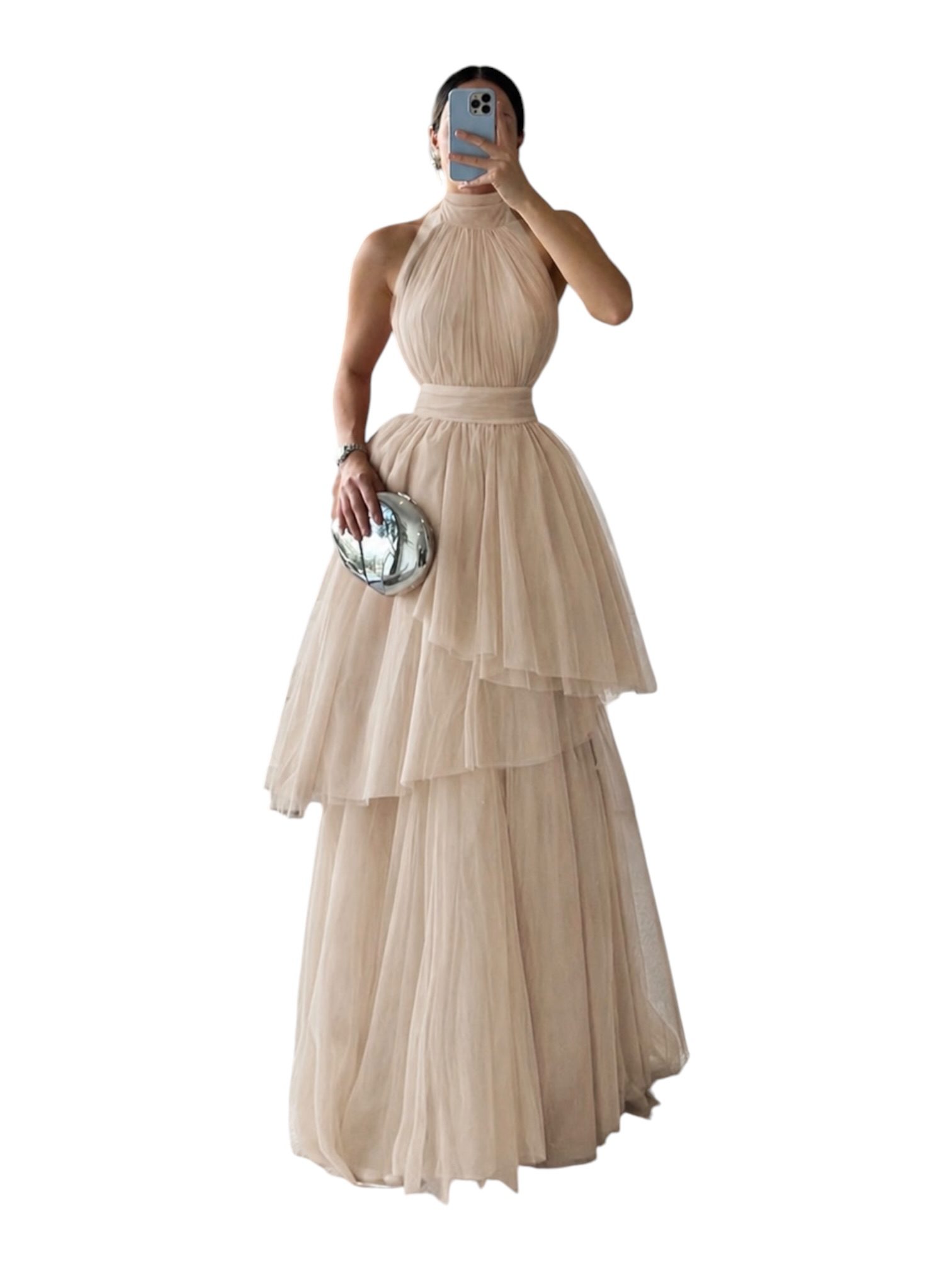 Vestido Nude De Tul Con Cuello Halter Y Falda En Capas Voluminosa - Image 3