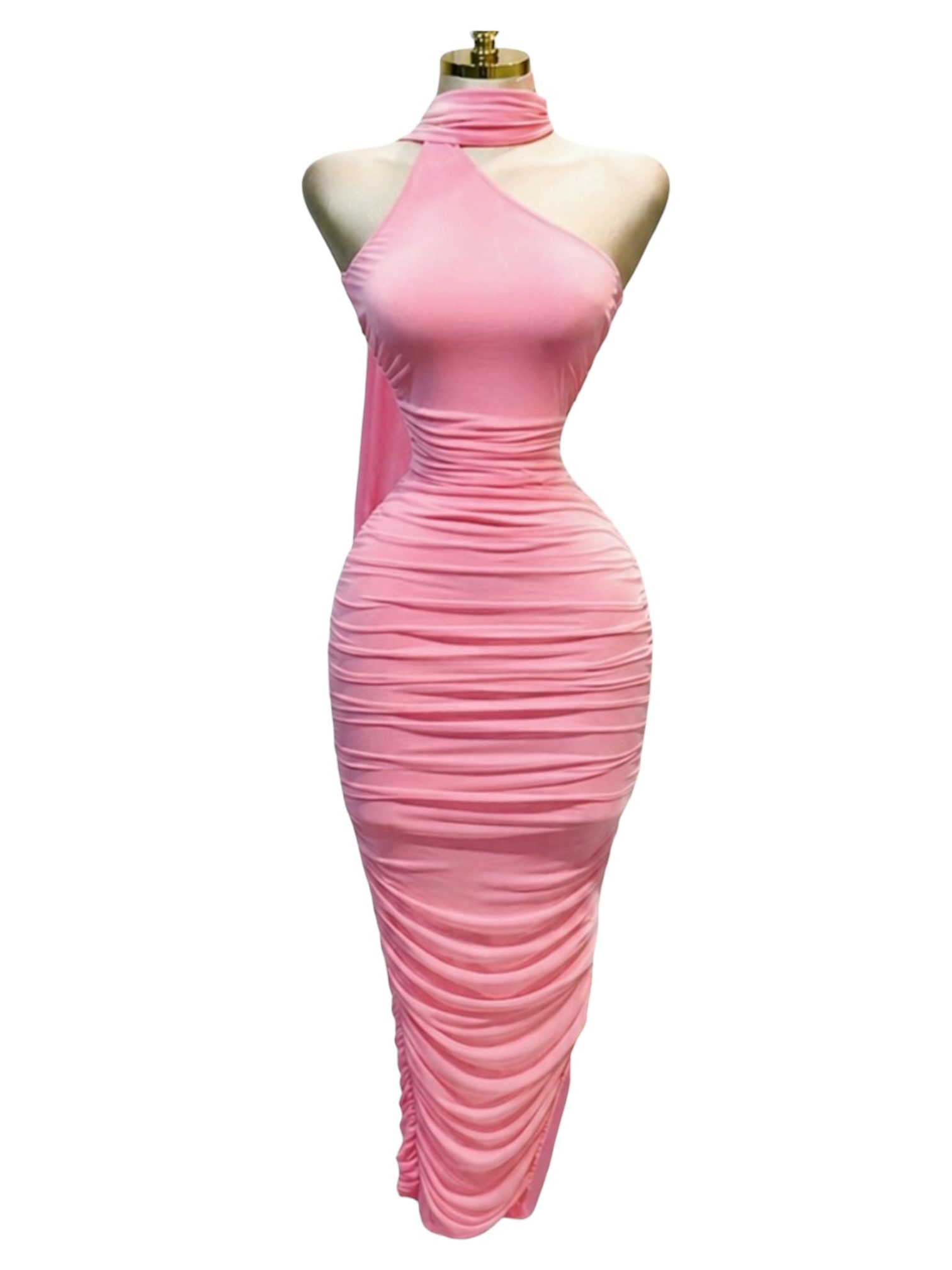 Vestido Midi Rosa Con Cuello Halter Y Drapeado Ajustado - Image 2
