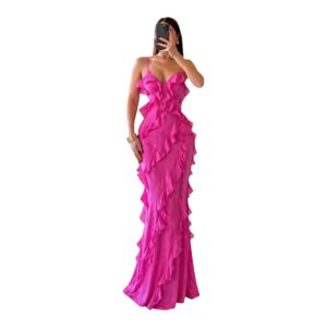 Vestido Fucsia Con Tirantes Delgados Y Detalles De Volantes