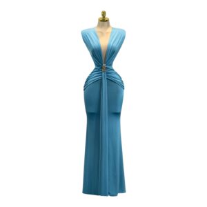 Vestido Azul Con Escote Profundo Y Drapeado Elegante