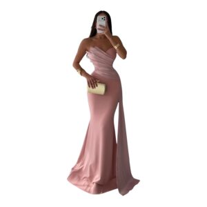 Vestido Rosa Strapless Con Abertura Y Detalle Lateral