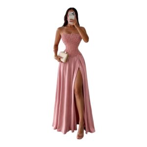 Vestido Rosa Strapless Con Perlas Y Abertura Elegante - M