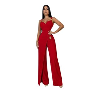 Palazzo Rojo Elegante Con Escote Corazón Y Detalles Dorados