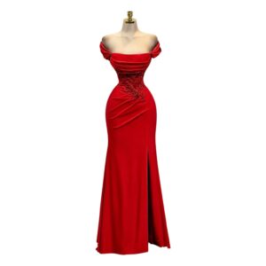 Vestido Rojo Sirena Con Bordado Sofisticado