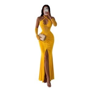 Vestido Amarillo Con Corset Pedrería Y Abertura