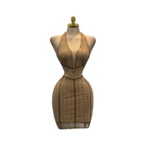 Vestido Nude Transparente Con Pedrería Brillante Y Escote Profundo Glam
