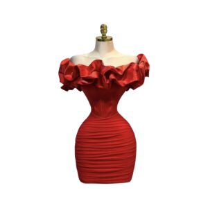 Vestido Rojo Satinado Con Volantes Y Falda Fruncida