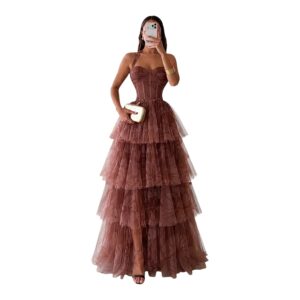 Vestido Café Chocolate En Capas De Tul Floral Y Corset