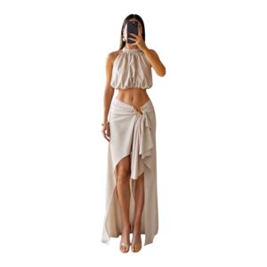 Conjunto Beige Resort Chic Con Falda Asimétrica Y Top Halter