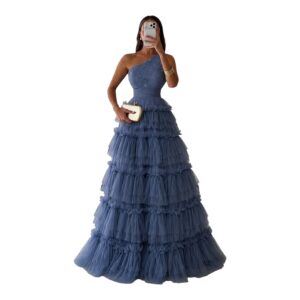 Vestido Azul One Shoulder Con Capas De Tul Y Brillos De Gala