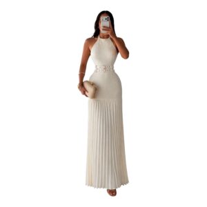 Vestido Ivory Cuello Halter Tejido Con Falda Plisada Y Cinturones Elegantes