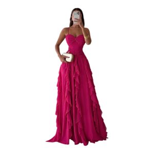 Vestido Fucsia De Gala Con Olanes En Cascada Y Corset Romántico