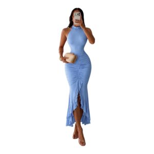 Vestido Azul Baby Cuello Halter Con Fruncido Central Y Olanes Sofisticados