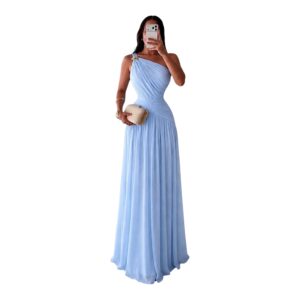 Vestido Azul Cielo One Shoulder Con Drappeado Griego Y Caída Fluida Elegante