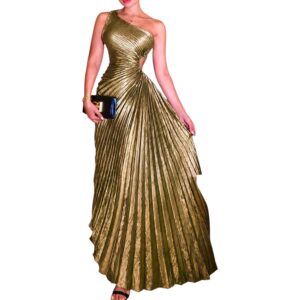 Vestido Dorado Metálico Plisado One Shoulder Con Corte Elegante